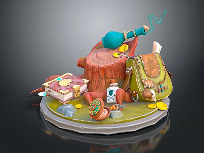 Fantasy Magic Props Display with Tree Stump Blue Smoke Bottle Backpack Book and Decorations 3d model
