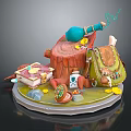 Fantasy Magic Props Display with Tree Stump Blue Smoke Bottle Backpack Book and Decorations