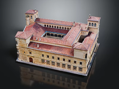 Historic Building Design With Red Roof Central Courtyard Stone Exterior And Arched Windows 3d model
