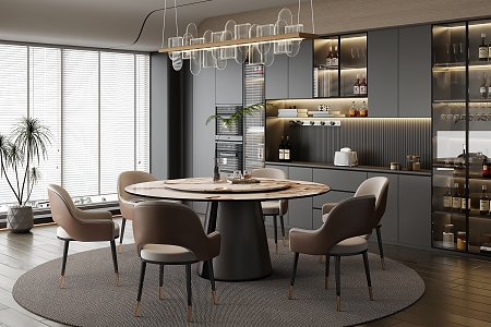 Modern Light Luxury Restaurant Marble Dining Table and Chair Combination Light Luxury Dining Table Rock Board Dining Table Leather Dining Chair Cabinet Wine Cabinet 3d model