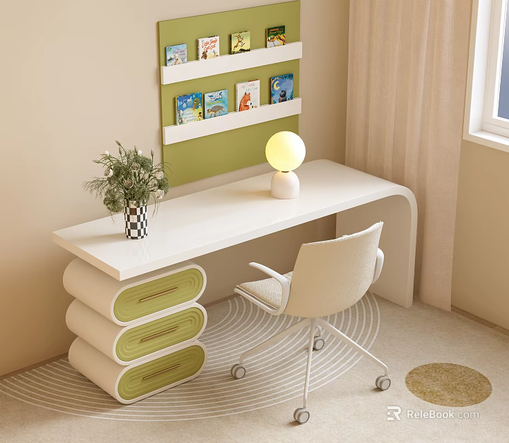 White Desk And Chair Set With Green Drawers Yellow Lamp Plant And Bookshelf 3d model 