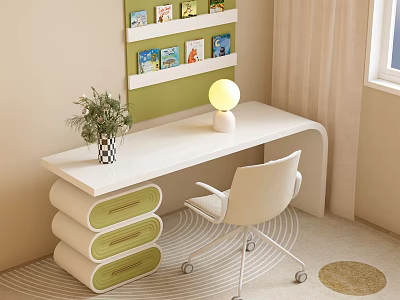 White Desk And Chair Set With Green Drawers Yellow Lamp Plant And Bookshelf 3d model