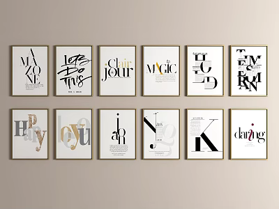 Modern Typography Wall Artworks With Gold Frames Featuring Various Words 3d model