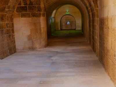 Ancient Stone Arcade Passageway With Arched Doorways And Stone Slab Floor 3d model