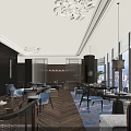 Elegant Modern Restaurant Interior With Floor to Ceiling Windows City View and Pendant Lights