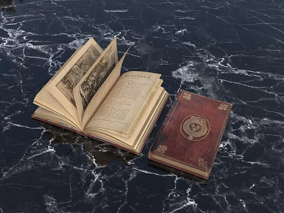 Open Old Book And Red Hardcover Book On Marble Texture Background 3d model