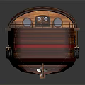 Wooden Boat With Wooden Hull Red Bottom Deck Railing And Round Windows Design