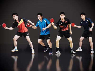 Men Playing Table Tennis with Dynamic Action Holding Rackets and Different Colored Sportswear 3d model