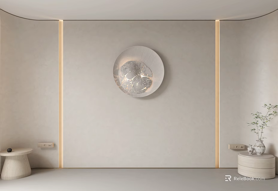 Minimalist Bedroom Accent Wall With Circular Textured Lamp And Gold Side Strips 3d model 