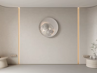 Minimalist Bedroom Accent Wall With Circular Textured Lamp And Gold Side Strips 3d model
