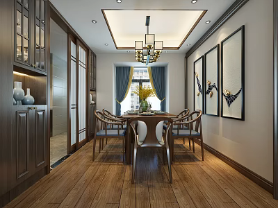 Elegant Dining Room Interior With Wooden Flooring Dining Table Chairs Chandelier And Decorative Paintings 3d model