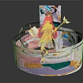 Fantasy Female Character And Magical Creature With Staff Standing On Colorful Platform