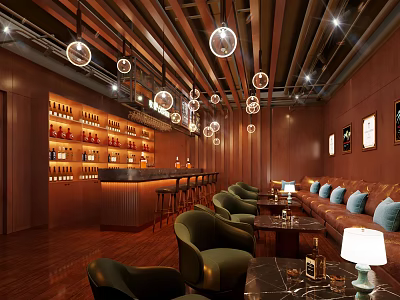 Modern Lounge Interior With Wooden Walls Circular Pendant Lights Bar Counter And Green Armchairs 3d model