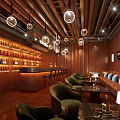 Modern Lounge Interior With Wooden Walls Circular Pendant Lights Bar Counter And Green Armchairs