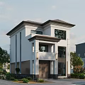 Two Story White Detached Villa With Brown Roof Porch Columns And Large Windows