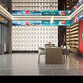 Tobacco and Wine Shop Interior Design with Spiral Staircase Red Walls Wine Racks Display Cabinets and Tables