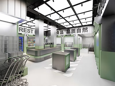 Supermarket Department Store Interior With Shopping Carts Checkout Counters And High Quality Natural Food Section 3d model