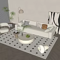 Minimalist White Sofa and Round Coffee Table Set with Geometric Rug Abstract Wall Art and Plants