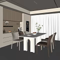 Modern Restaurant Interior With White Dining Table Chairs Cabinets Soft Lighting And Window Plant 3d model