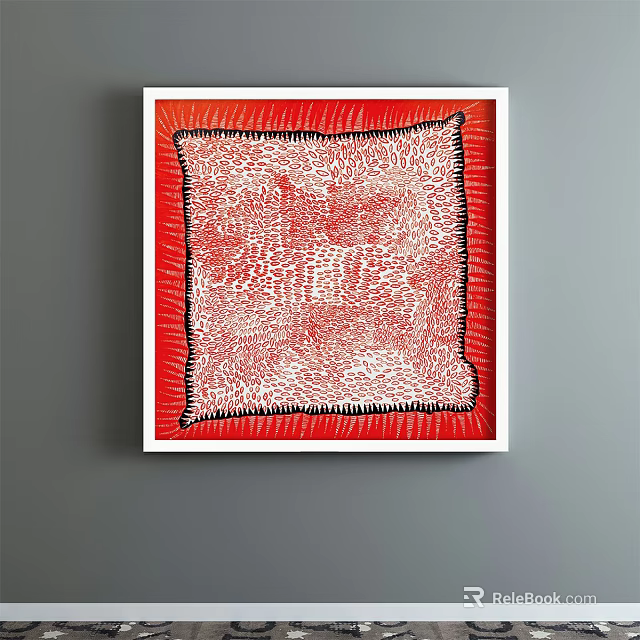Square Red Abstract Painting with White Textured Pattern and Black Border on Gray Wall 3d model