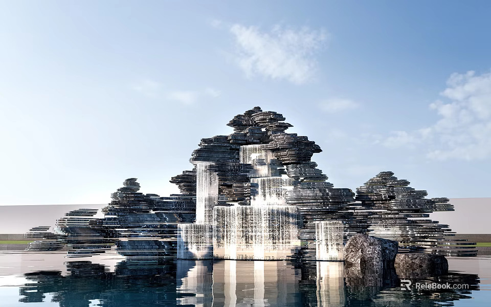 Layered Stone Wood Architectural Structure by Waterfront with Stacked Stones Water Reflection and Blue Sky 3d model 