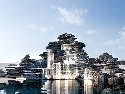 Layered Stone Wood Architectural Structure by Waterfront with Stacked Stones Water Reflection and Blue Sky 3d model