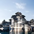 Layered Stone Wood Architectural Structure by Waterfront with Stacked Stones Water Reflection and Blue Sky