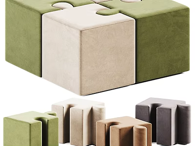 Puzzle Shaped Modular Ottomans With Green Beige Brown Grey Colors For Living Room 3d model