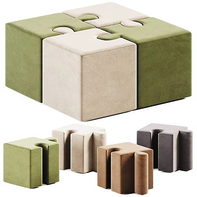 Puzzle Shaped Modular Ottomans With Green Beige Brown Grey Colors For Living Room 3d model