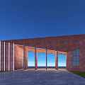 Modern Building Exterior Wall Featuring Rusty Red Material Vertical Light Strips And Sloped Structure 3d model