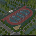 Modern School Building With Running Track Basketball Courts And Green Trees Around Campus
