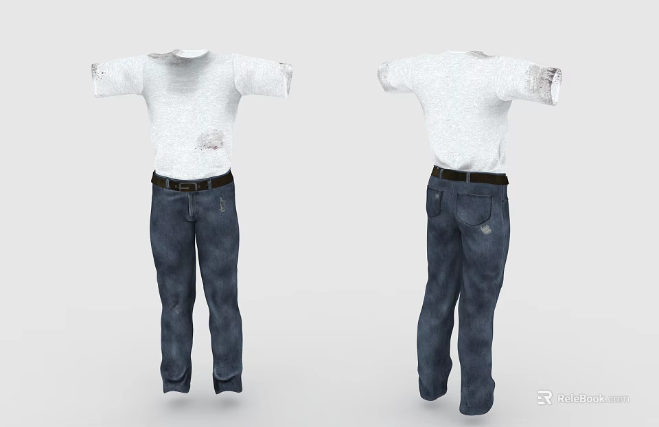 White Ripped T shirt With Blue Jeans Casual Outfit Front And Back View 3d model 