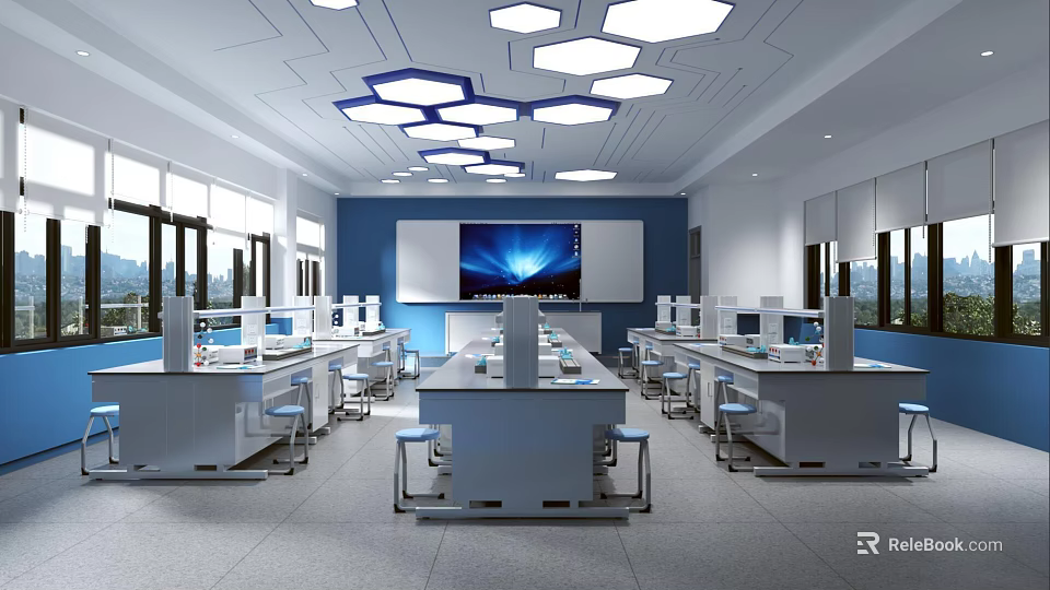 Modern Laboratory Interior Design With Workstations Computers Large Screen And Lighting 3d model 