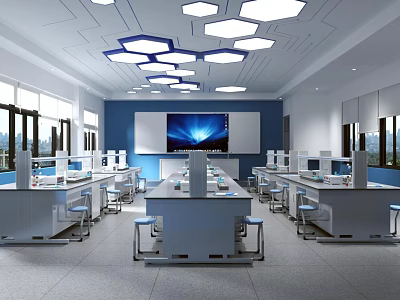 Modern Laboratory Interior Design With Workstations Computers Large Screen And Lighting 3d model
