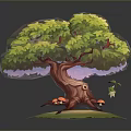 Large Tree With Brown Trunk And Green Canopy On Green Grass With Small Plant