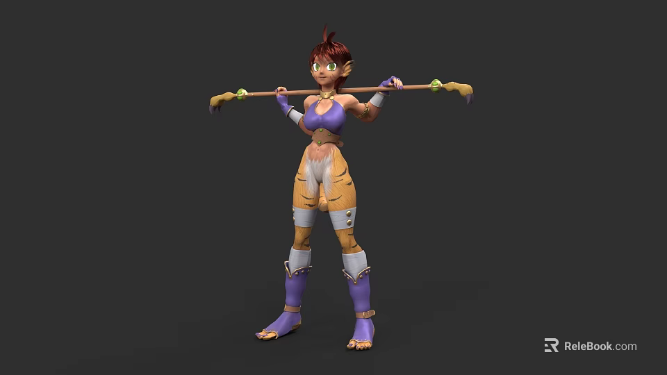 Game Female Character Brown Hair Green Eyes Purple Top Yellow Pants Purple Boots Holding Staff 3d model 