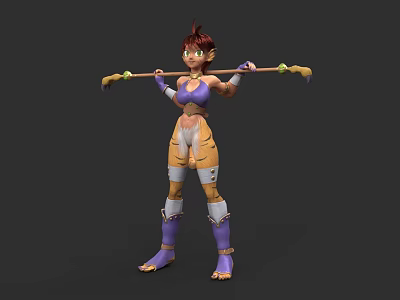 Game Female Character Brown Hair Green Eyes Purple Top Yellow Pants Purple Boots Holding Staff 3d model