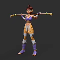 Game Female Character Brown Hair Green Eyes Purple Top Yellow Pants Purple Boots Holding Staff