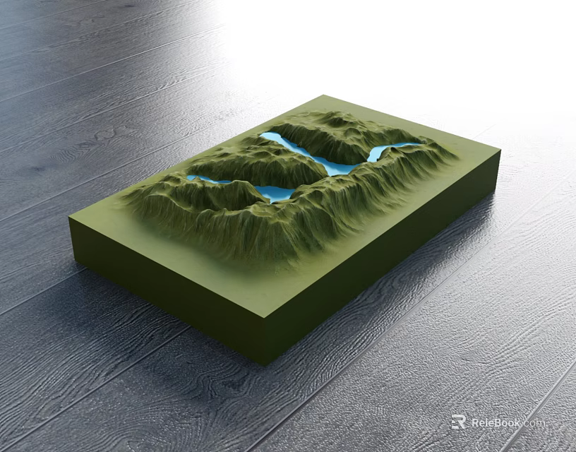 3D Terrain Model Business Equipment Featuring Green Mountains And Blue Water On Wooden Floor 3d model 