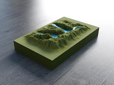 3D Terrain Model Business Equipment Featuring Green Mountains And Blue Water On Wooden Floor 3d model