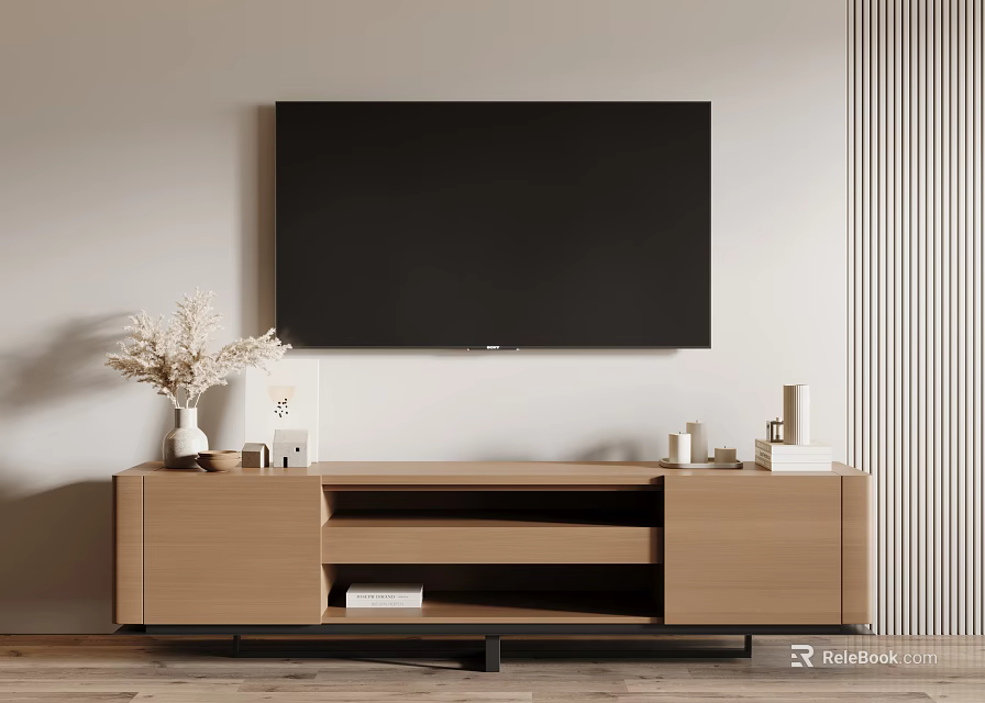 Modern Light Wood TV Stand with Storage Decorative Vase Dried Flowers and Wall Mounted TV 3d model 
