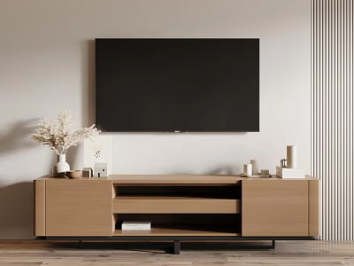 Modern Light Wood TV Stand with Storage Decorative Vase Dried Flowers and Wall Mounted TV 3d model