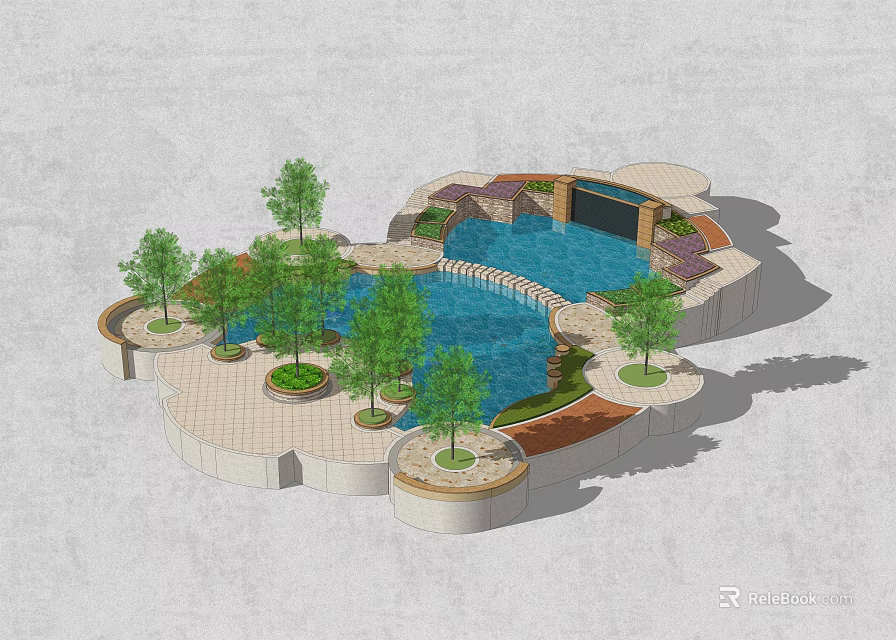 Beautiful Courtyard Garden Design With Swimming Pool Lush Trees And Paved Area 3d model 