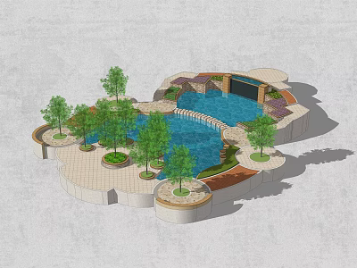 Beautiful Courtyard Garden Design With Swimming Pool Lush Trees And Paved Area 3d model