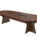 Oval Wooden Conference Table With Black Strip Top And Crossed Legs Design
