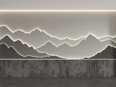 Modern Background Wall Design With Mountain Silhouette LED Lighting And Textured Stone Base 3d model