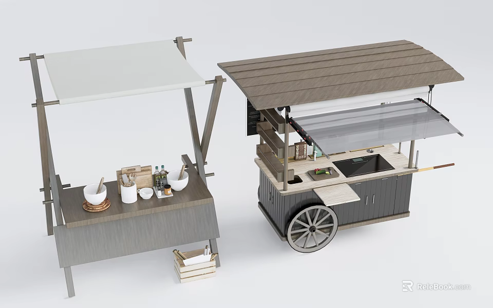 Two Modern Mobile Vendor Carts Featuring Canopy Roofs Wheels And Storage Shelves 3d model 