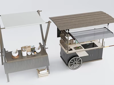 Two Modern Mobile Vendor Carts Featuring Canopy Roofs Wheels And Storage Shelves 3d model