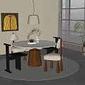 Modern Round Dining Table Set With Marble Top Wooden Base Chairs And Pendant Light Artwork