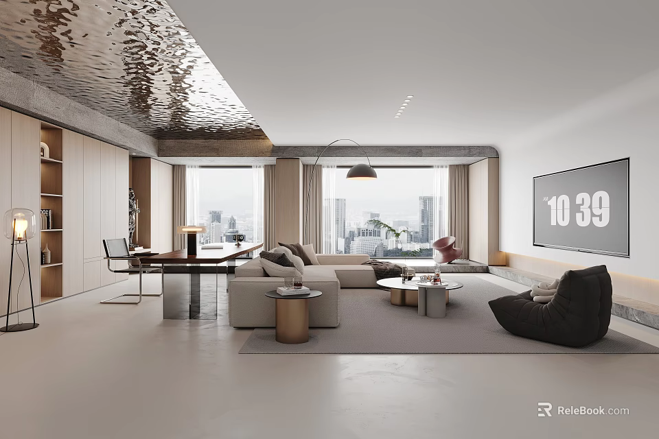 Modern Living Room Interior Design With Sofa Coffee Tables Large Windows And Pendant Light Rug 3d model 